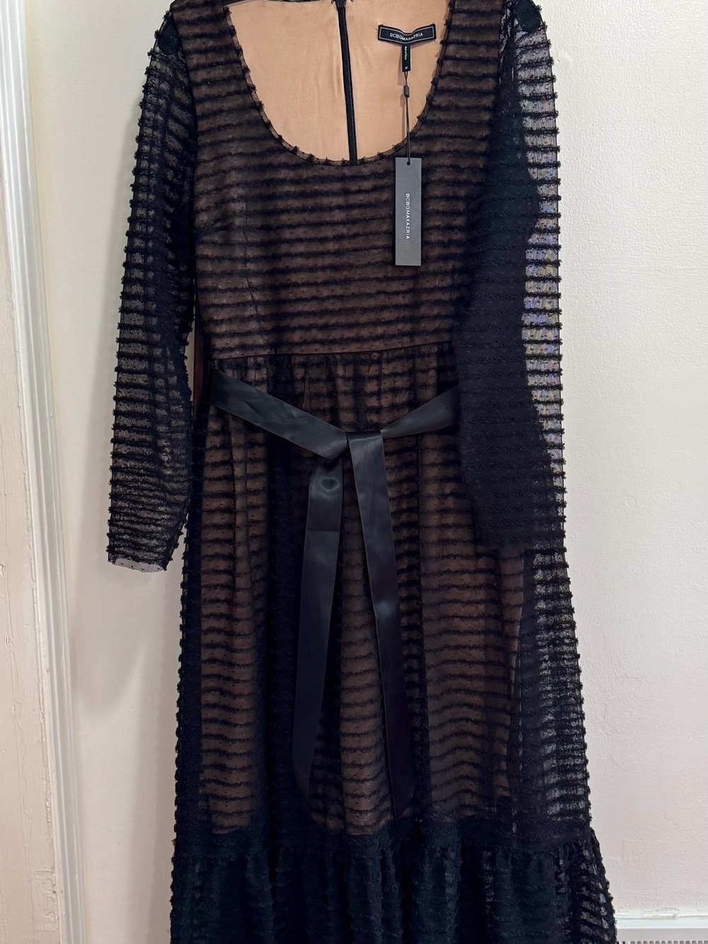 BCBGMaxAzria Black Sheer Stripe Long Sleeve Maxi Dress with Satin Tie